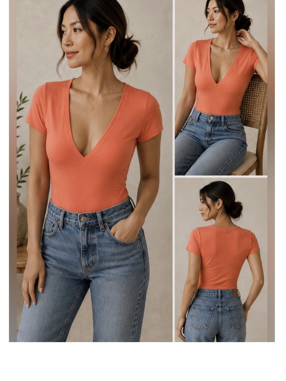 House of Harlow 1960 Coral Deep V Short Sleeve Top